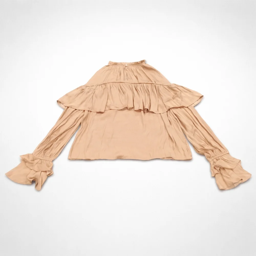 The Drop “Miriam” Feminine Ruffle Blouse – Camel | New With Tags - Picture 3 of 9